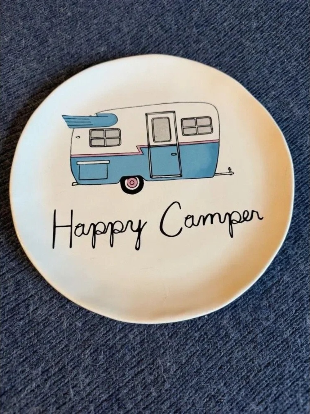 Happy Camper Ceramic Plate in Blue and White